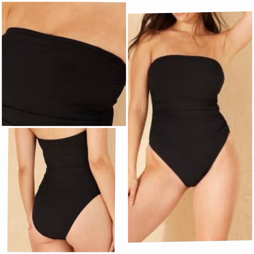NEW Shade & Shore Black Ribbed Bandeau One Piece Swimsuit XS Shaping